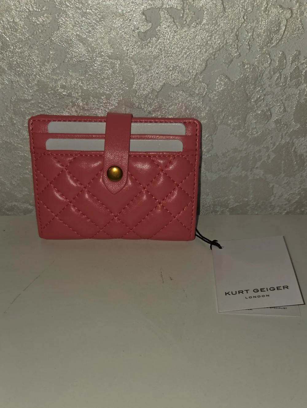 Kurt Geiger Quilted Rose Pink Card Case with Gold Snap
